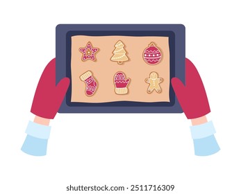 Hands in gloves hold a baking sheet with gingerbread, cookies. Christmas, New Year. Hand drawn vector illustration.