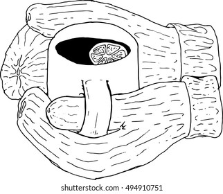 Hands with gloves hold a cup of tea. Vector illustration of tea with lemon in hands. Hand drawn  hands in warm gloves hold a mug of hot tea with a lemon in the winter.