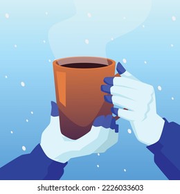 Hands in gloves holding cup with hot beverage - flat vector illustration. Person drinks hot tea, coffee or mulled wine in cold winter. People warm up with hot drink during snowstorm.