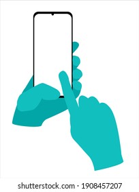 hands in gloves holding smartphone with white empty screen. blue screen, vector illustration, flat style