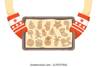 Hands in gloves holding tray with homemade cookies. Traditional holiday gingerbread. Isolated vector illustration
