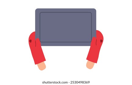 Hands in gloves holding tray . Traditional holiday gingerbread. Isolated on white vector illustration