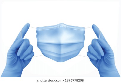 Hands in gloves with mask realistic concept with protective standart symbols vector illustration