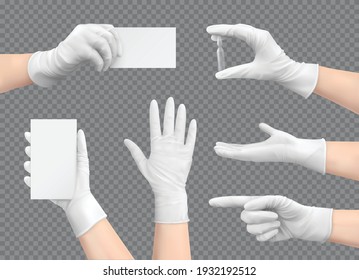 Hands in gloves realistic set with isolated images of human hands in medical gloves with gestures vector illustration