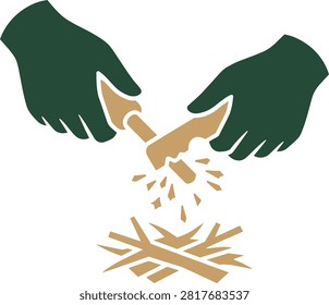 Hands in gloves starting a fire with survival tools icon