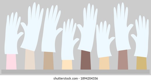 hands in gloves, stop covid, different skin color, equality and brotherhood, all are equal, safety and health, fresh vector illustration