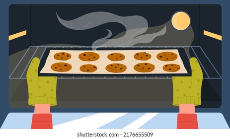 Hands in gloves taking out tray of cookies from baking oven. Cartoon baker or chef cooking biscuit in home kitchen, making dessert flat vector illustration. Sweet food recipe, bakery concept