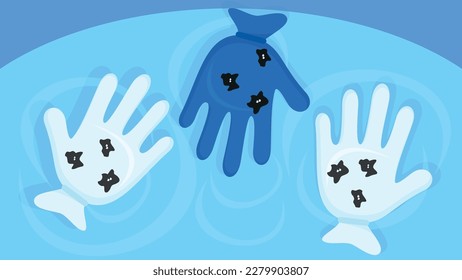 Hands in gloves. Vector illustration in flat cartoon style on blue background.