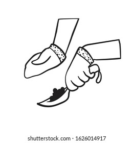 Hands in the gloves of a working man or gardener. Hands in gloves hold a small spade template. Garden tools. Spring field work. Hand drawn outline contour sketch illustration on a white background.
