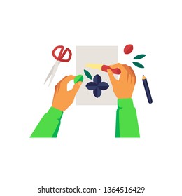 Hands glueing color details to paper making applique cartoon style, vector illustration isolated on white background. Handmade artwork, crafting of greeting card as creative hobby