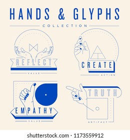 Hands and glyphs collection. Reflect, Create, Empathy and truth. 