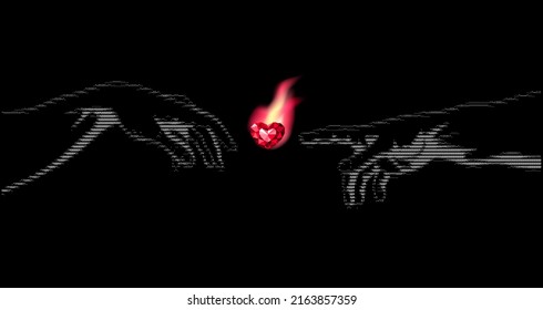 Hands of God and Adam going to touch together. Concept Divine touch and  creation in cyberpunk ASCII design 