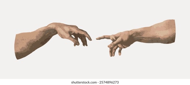 Hands of god and Adam, Michelangelo Buonarroti's famous painting. Vintage style art drawing, isolated vector element. Famous painting cut out of hands of god and Adam, human hands.