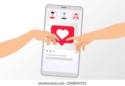 Hands going to touch, socia media concept for Valentines day. Two  hands of lovers going to touch together. Vector concept background of human relation, togetherness, connection, contact or network