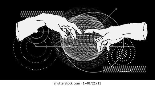 Hands going to touch togerther, creation of Adam in cyberpunk futuristic style. AI and VR concept.