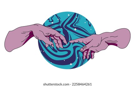 Hands going to touch together against the backdrop of space.  Look like the Michelangelo's art. Cyberpunk and vaporwave style. Vector template of cover, event flyer, club party invitation