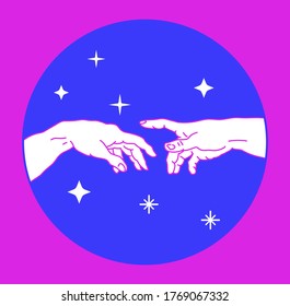 Hands going to touch together. Creation of Adam in Vaporwave style.