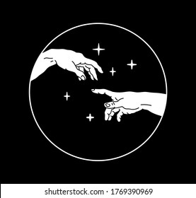 Hands going to touch together. Creation of Adam in Vaporwave style.