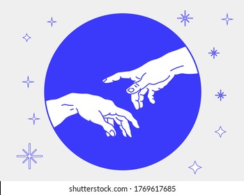 Hands going to touch together. Creation of Adam in Vaporwave style.