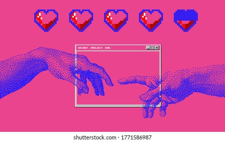 Hands going to touch together, Creation of Adam in pixel art style. Cyberpunk and vaporwave style collage.