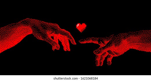 Hands going to touch together, look like the Michelangelo's art work. Cyberpunk 8-bit style art collage.