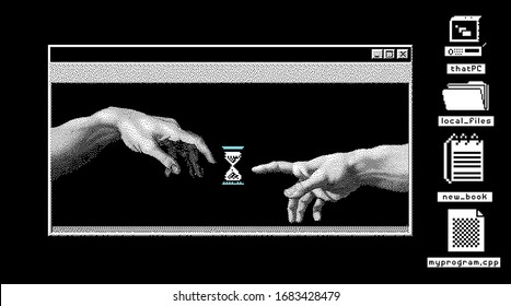 Hands going to touch together, look like the Michelangelo's art work. Cyberpunk and vaporwave style art collage.