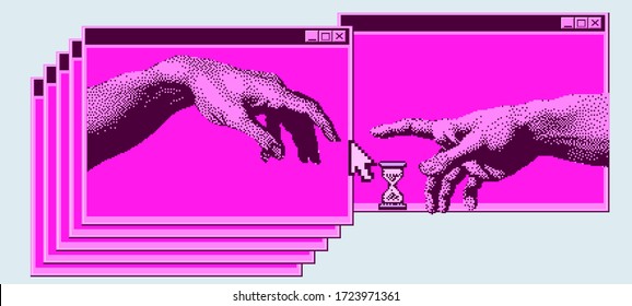 Hands going to touch together online. Concept of social distancing and remote work during COVID-19 and quarantine. Pixel art style illustration.