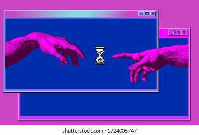 Hands going to touch together online. Concept of social distancing and remote work during COVID-19 and quarantine. Pixel art style illustration.