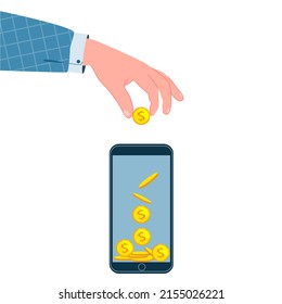 Hands with gold coins on a white background. The hand puts coins in the smartphone. The concept of online payment, donations, recharge, savings. Vector