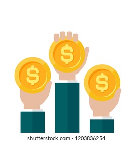 Hands with gold dollar coins. Vector flat illustration on white. Give, receive, take, earn money. Financial success, salary, investment, dividend. Currency, pay
