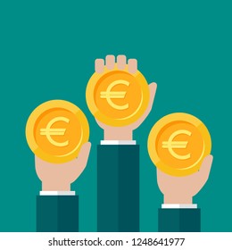 Hands with gold euro coins. Vector flat illustration on blue. Give, receive, take, earn money. Financial success, salary, investment, dividend. Currency, pay