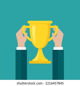 Hands with gold trophy, winning cup isolated on blue background. First place, award bowl. Symbol of success, victory, championship. Take, give, hold, gain prize. Vector flat illustration. 