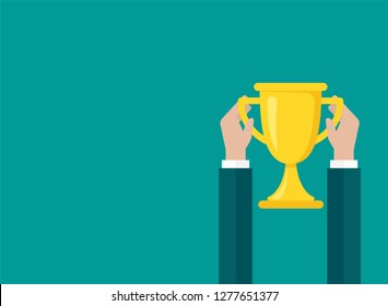 Hands with gold trophy, winning cup isolated on blue horizontal background. First place, award bowl. Symbol of success, victory, championship. Take, give, hold, gain prize. Vector flat illustration. 