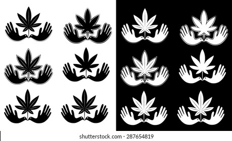 hands grabbing marijuana leaf symbol icon