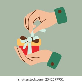 Hands gracefully unwrapping a beautifully tied gift box with a bow. Minimalist flat style illustration perfect for festive, holiday, and celebration themes.