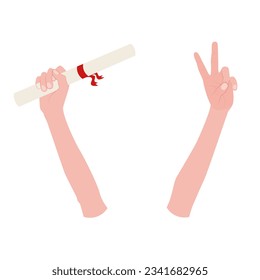 Hands of a graduate of a school, college and institute with a scroll. Vector over white background.