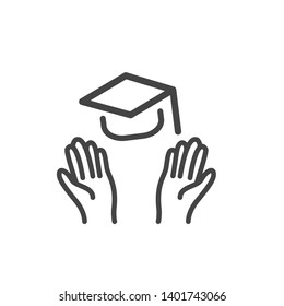 Hands of graduate throwing graduation cap minimal icon isolated. Modern outline on white background