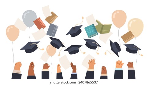 Hands of graduates joyfully throwing their caps into the hat on an isolated background. Graduation from school or university flat vector illustration