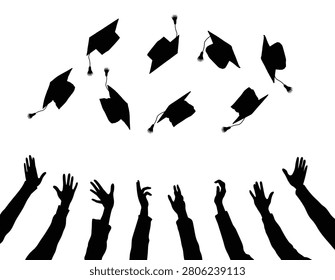 Hands of graduates students throwing graduation caps black silhouette on white background vector illustration.