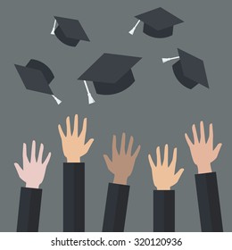 Hands of graduates throwing graduation hats in the air. Concept of education