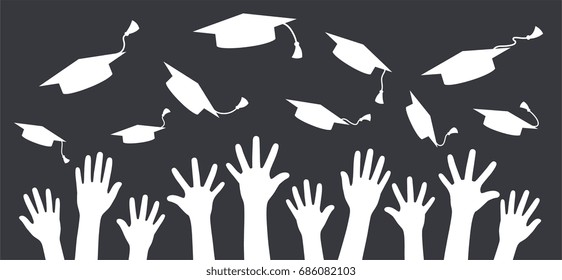 Hands of graduates throwing graduation hats in the air. Concept 