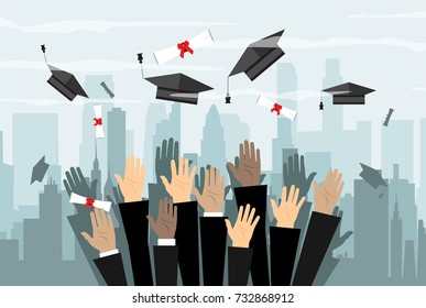 Hands of graduates throwing graduation hats in the air. Concept of education. College or university ceremony. Cityscape. illustration in flat style