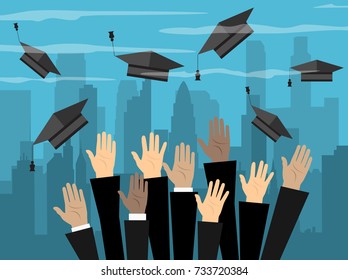 Hands of graduates throwing graduation hats in the air. Concept of education. College or university ceremony. Cityscape. illustration in flat style