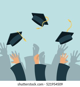 Hands of graduates throwing graduations hats. colorful design. vector illustration