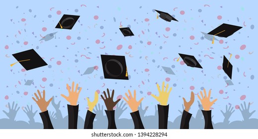 hands of Graduating students throwing graduation caps in the air, flat vector illustration.