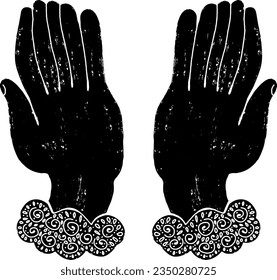 Hands. Graphics, linocut, rustic textural. Vector element. 