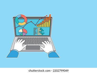 Hands and graphs operating a laptop