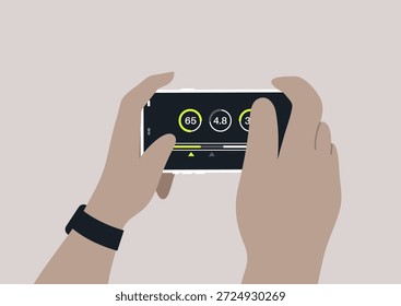 Las manos agarran un teléfono móvil sostenido horizontalmente, demostrando estadísticas en una pantalla. El momento captura una atmósfera activa y conectada.