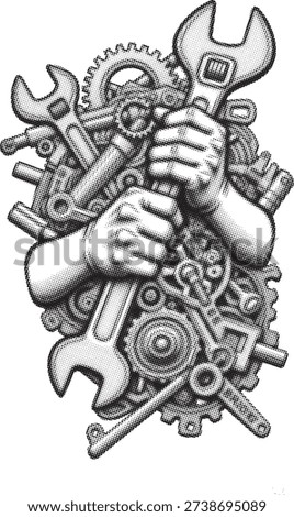 Hands grasping various tools surrounded by intricate mechanical gears and parts