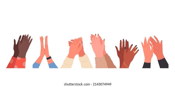 Hands of grateful people clap and congratulate set vector illustration. Cartoon multicultural audience greeting, compliment and bravo ovation of clients isolated on white. Support, applause concept